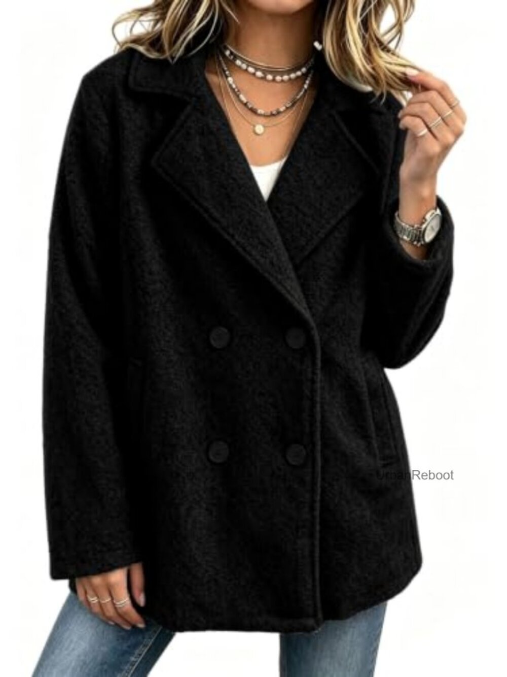 Womens Fuzzy Wool Blend Peacoat Double Breasted Winter Coat